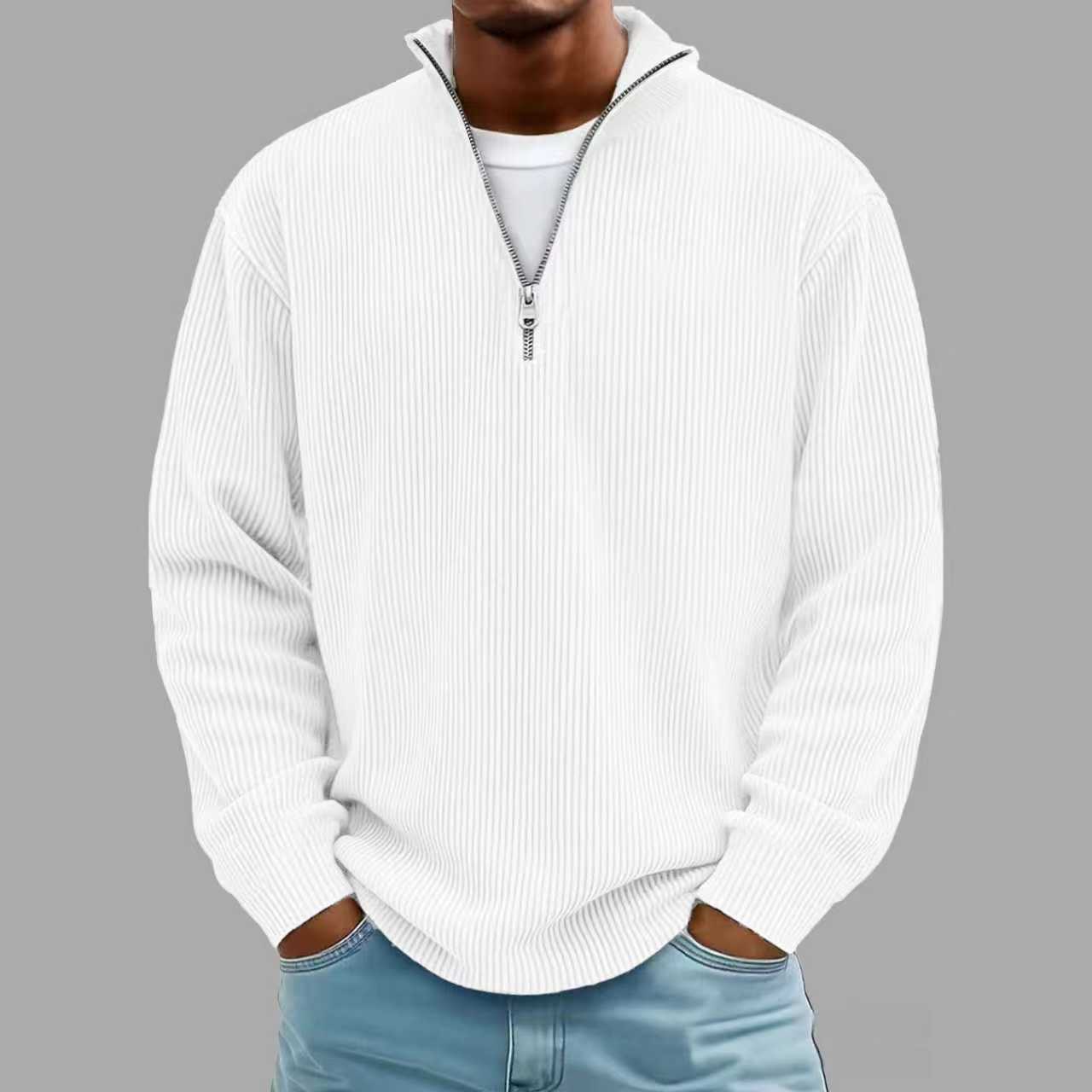 Corduroy Zipper Stand Collar Sweatshirt Fashion Warm Solid Color Long Sleeve Top Men's Casual Polo Shirt Clothing